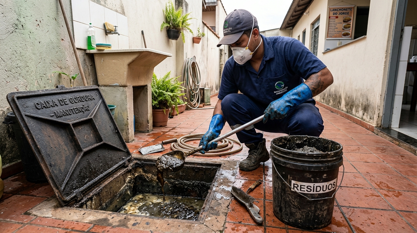Remoção de resíduos da caixa de gordura em Marília-SP