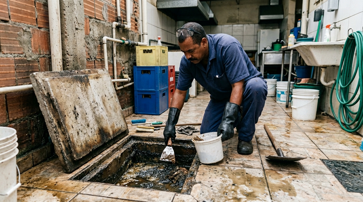 Limpeza de caixa de gordura residencial em Marília-SP